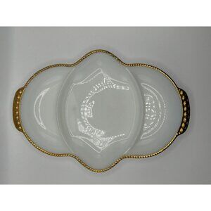 FIRE KING White Milk Glass Divided Relish Dish Gold Trim Vintage Made in USA